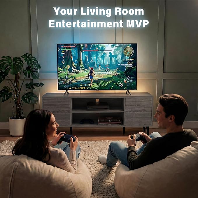 YESHOMY Mid-Century Modern TV Stand for 43-55 Inch TVs, 50 Inch Entertainment Center with Storage, Media Console with Push-to-Open Doors and Cable Management for Living Room, Bedroom (Light Gray) - Image 2