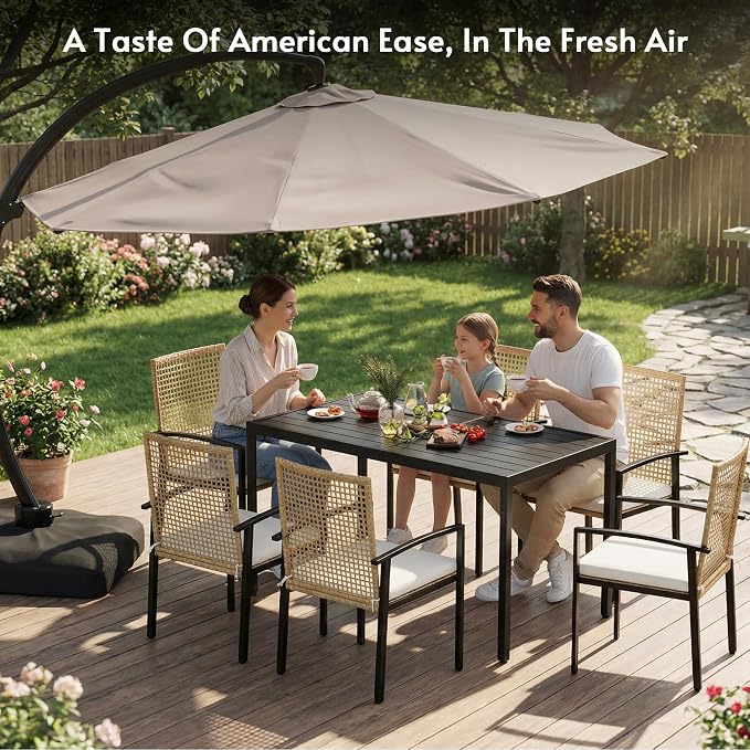 7-Piece Outdoor Dining Set for 6, Patio Dining Set with Hand-Woven Wicker Chairs & Cushions, 60" x 33" x 30" Wider Aluminum Woodgrain Table for Deck, Garden, Backyard - Image 6