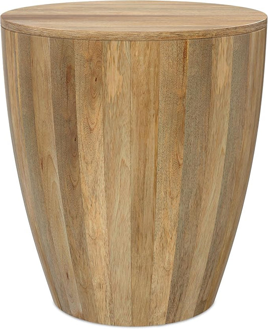SIMPLIHOME Elmbrook End Table - 21 inch Wide Solid Mango Wood Round Drum Table with Vertical Panel Detailing in Natural, Modern Nightstand or Plant Stand for Living Room or Bedroom, Assembled