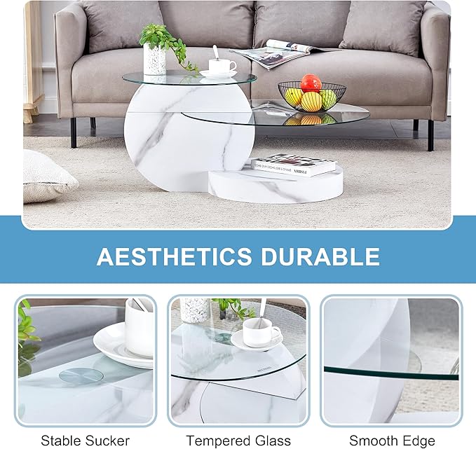 35.4" Glass Coffee Table, Round Coffee Table, 2-Tier Tempered Glass Tabletop with White Faux Marble Base, Modern Center Table for Living Room, Home, Apartment, Ideal for Small Space