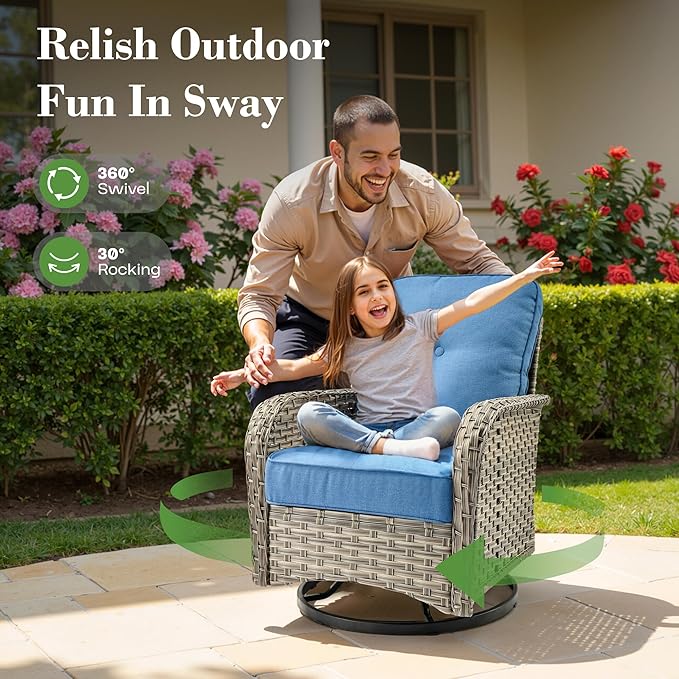 10 Piece Outdoor Patio Furniture with Swivel Rocking Chair, Rattan Wicker Conversation Set with Glowing Coffee Table, Sectional Single Chairs for Porch Balcony Backyard Pool,Light Blue