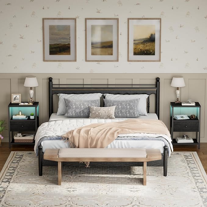 BOLUO Black Nightstand with Charging Station, LED Night Stand with Fabric Drawers and Shelf, Bedside Table with USB Ports and Outlets, Bedroom Nightstand Modern - Image 8