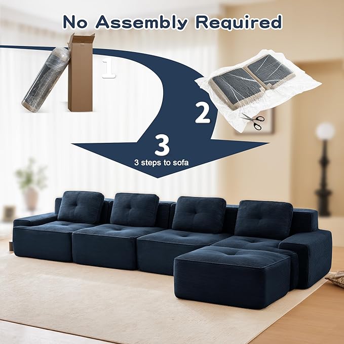 Casaphoria 150'' Corduroy Cloud Couch, 4-Seat L-Shaped Sectional Sofa with 4 Pillows & Ottoman for Living Room, Deep Seat Boneless Couch for Modern Apartment, No Assembly Required, Blue