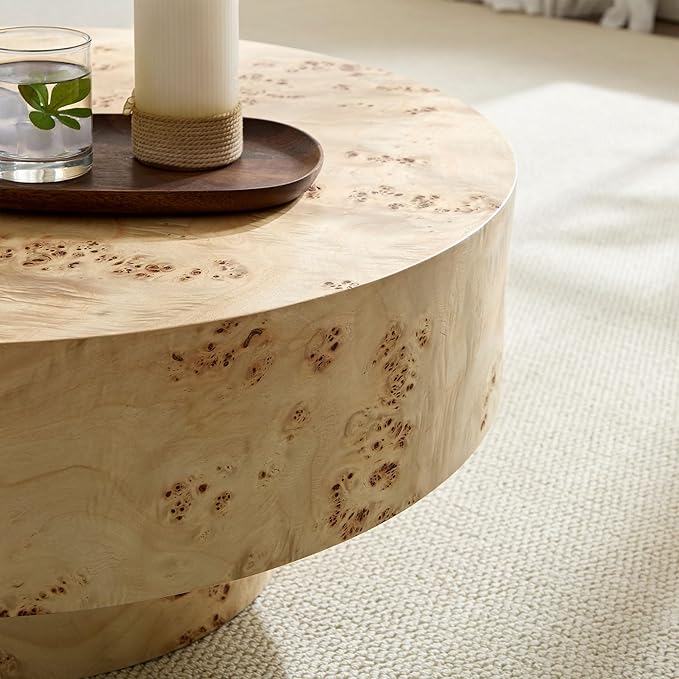 31.49" Round Coffee Table with Burl Wood Veneer & Sturdy Pedestal, Modern Luxury Circle Drum Center Table, Accent Side Table End Table for Living Room Apartment, Natural
