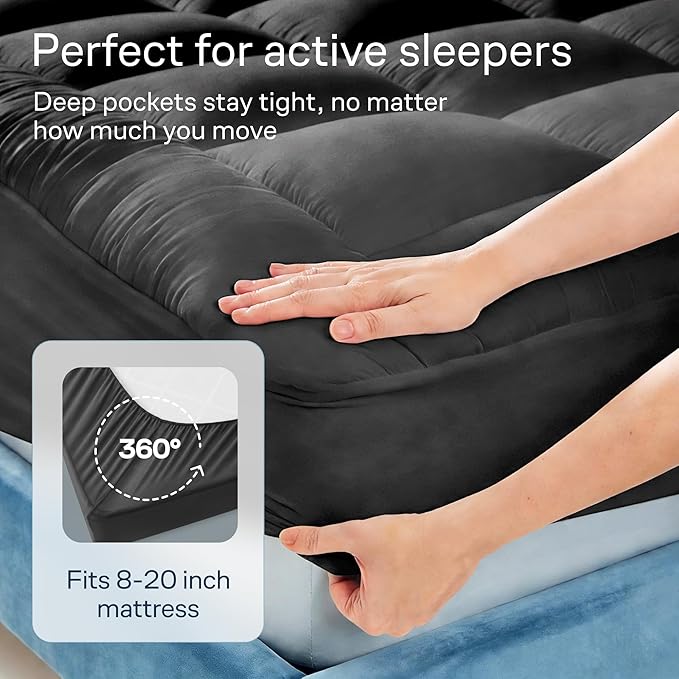 Cloud-Like King Mattress Topper - 100% Cotton Top Mattress Pad for Back Pain Relief - Breathable & Naturally Cooling for Hot Sleepers, Dark Gray