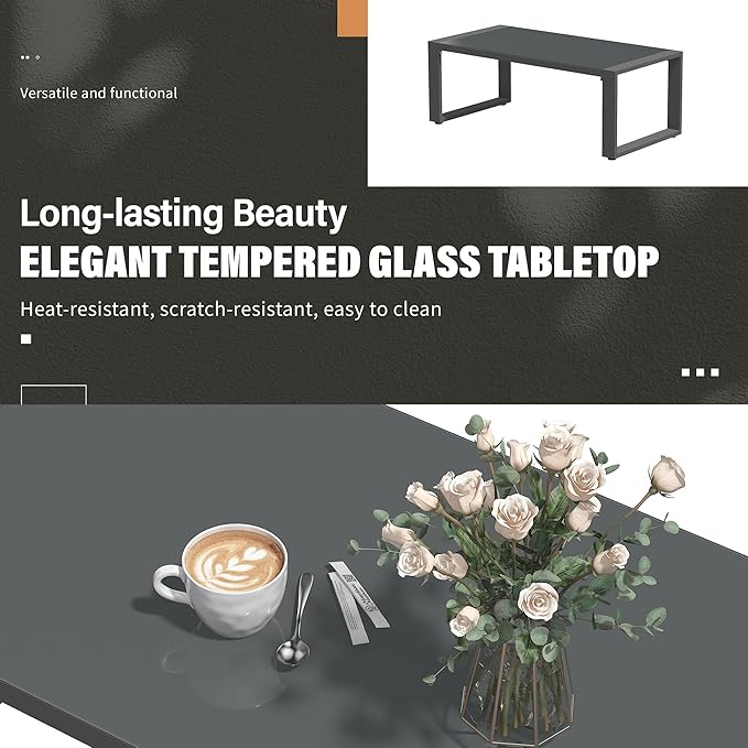 Solaste Aluminum Patio Furniture Set, 4 Pcs Modern Outdoor Conversation Set Couch Sofa with Upgrade Cushion and Glass top Coffee Table,Grey