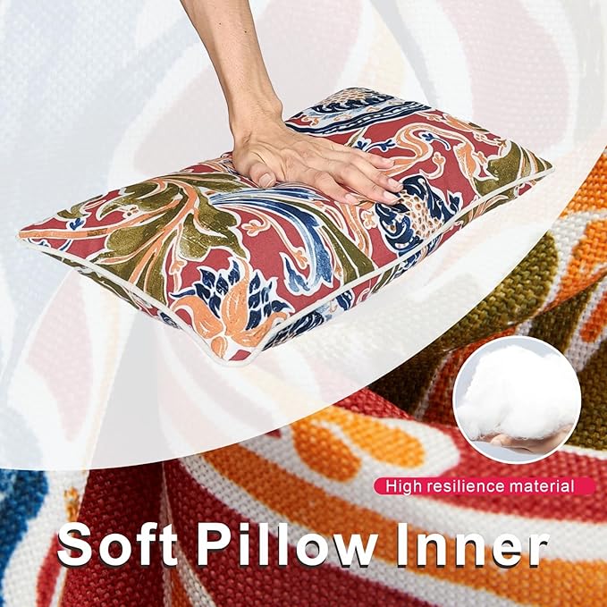 JMGBird Water-Resistant Outdoor Pillows Set of 2, 12x20 inch Durable Blue with Pomegranate Flower Pattern Throw Pillows with Inserts for Patio Furniture