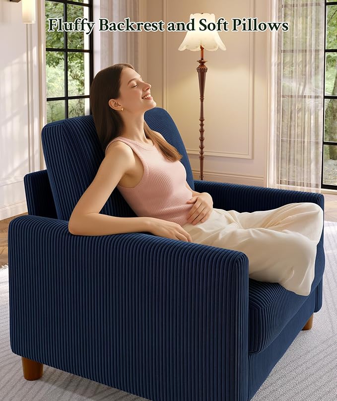35.3" Couches for Living Room, Comfy Blue Couch Single with 22.5" Deeper Seat, Accent Chair Tool-Free Setup, Reading Chair 440lbs Support, Corduroy Couch for Bedroom, Apartment, Office