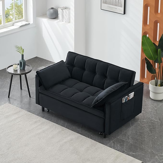 55" Modern Velvet Loveseat Sleeper Sofa, 3-in-1 Convertible Pull-Out Bed with Adjustable Backrest, 2 Pillows & Side Pockets, Small Pull Out Couch for Living Room, Apartment(Black)