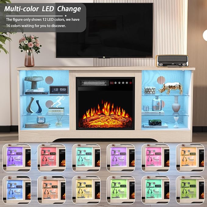 PRETZI Fireplace TV Stand with 18" Fireplace Up to 65" TVs, 58" Entertainment Center with LED Lights, TV Media Console with Adjustable Glass Shelves and Storage Cabinets for Living Room, Beige - Image 3