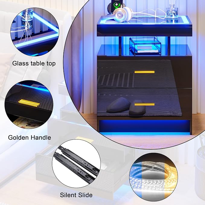 HNEBC LED Nightstand with Charging Station (USB,Type-C Ports) High Gloss Bedside Table with 2 Drawers, Smart Night Stand with Auto Sensor Lights,Modern Bed Side Table for Bedroom (Black) - Image 7