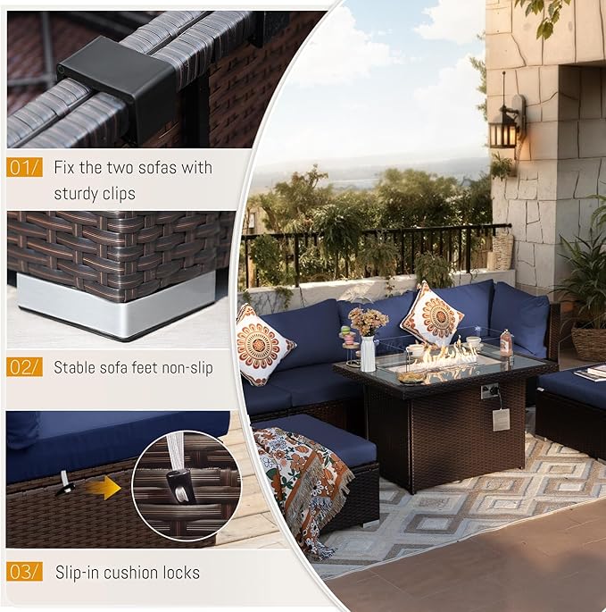 BULEXYARD 9 Piece High Back Outdoor Sectional Couch Set with Fire Pit, Luxury Weather-Resistant Patio Furniture Set, Large Size 8-Person Backyard Seating Group L-Shape for Exterior, Brown & Navy Blue
