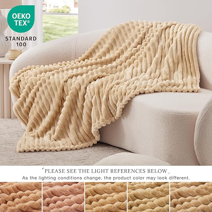 EXQ Home Fleece Blanket Twin Size for Couch or Bed - 3D Stripe Jacquard Decorative Blankets - Cozy Soft Lightweight Fuzzy Flannel Blanket Suitable for All Seasons(60"??80",Camel)