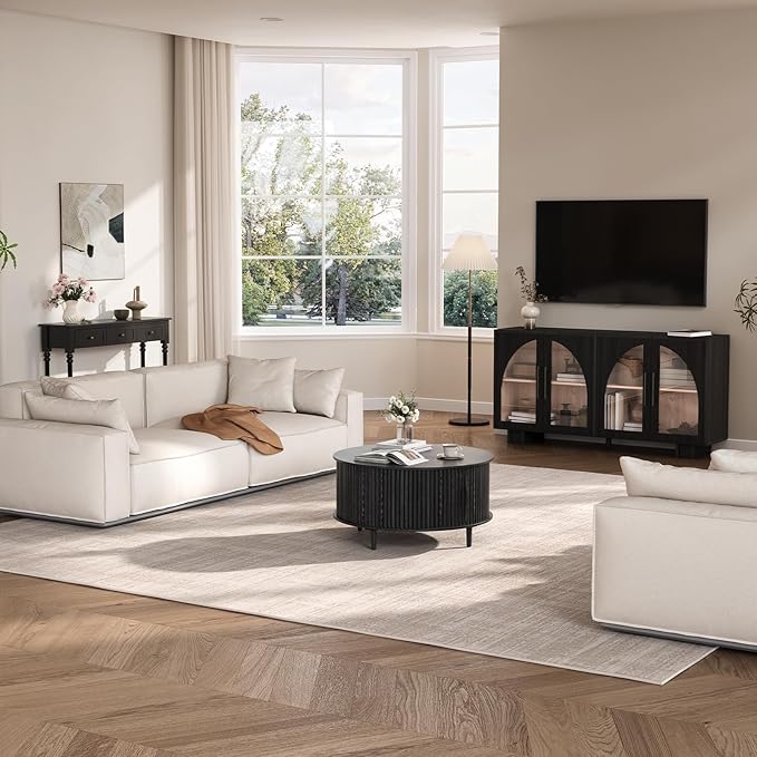 SULIVES Black Round Coffee Table with Storage, 31.5" Wood Drum Table, Fluted Circle Center Table for Living Room, Modern Mid Century Furniture with Sliding Door