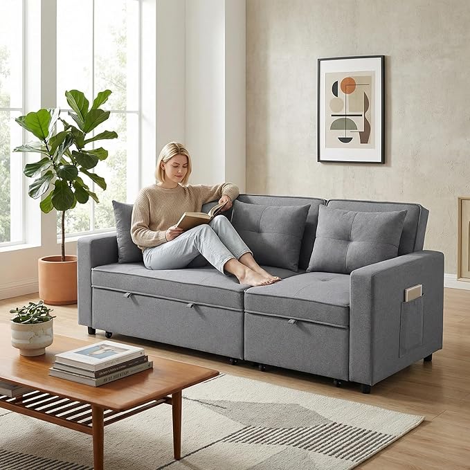 83 Inch Convertible Sofa Bed with Side Pocket, Modular Sectional Couch with Pull Out Bed, L Shaped 3 Seat Sectional Sleeper Sofa for Living Room, Apartment, Black