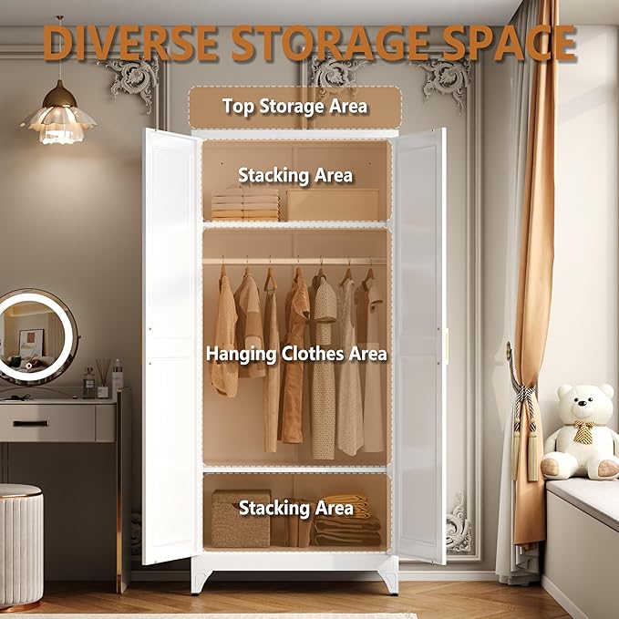 Polup Metal Armoire Wardrobe Closet with Doors and Shelves, 71" Tall Freestanding Wardrobe Cabinet for Hanging Clothes, Large Closet with Hanging Rod for Bedroom, Office, School, Employee, Gym, White