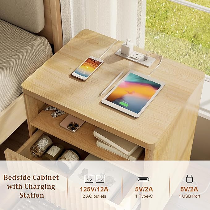 LYNCOHOME Fluted Nightstand with Charging Station, 19.7 inch Wide End Table with 2 Drawers, Modern Wood Bedside Table for Bedroom, Night Stand Set of 2,Natural - Image 5