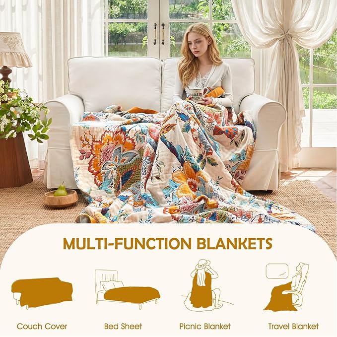 Boho Throw Blanket - 90"x108" 100% Cotton Ultra Soft Lightweight Spring Blanket, 4-Layer Breathable Muslin Blankets for Bed Couch, Reversible Green Floral Butterfly Printed Bohemian Quilt