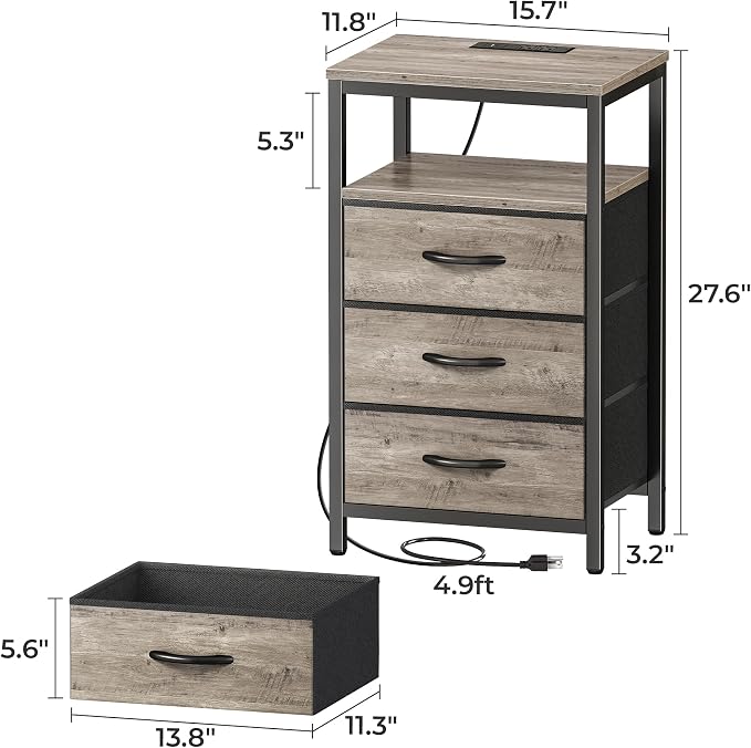 Huuger Nightstand with Charging Station, 27.6 Inch End Table Bedside Table with USB Ports and Outlets, Night Stand for Bedroom, Fabric Drawers, Oak - Image 2