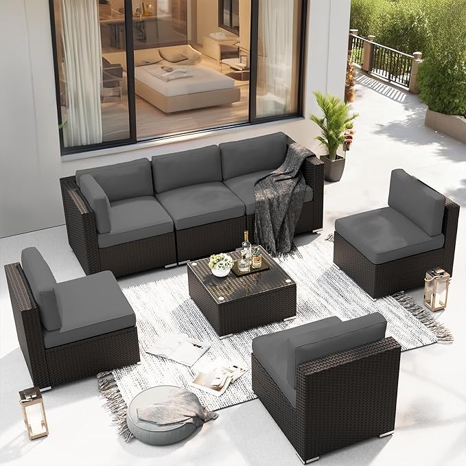 SUNCROWN 7-Piece Outdoor Patio Furniture Sofa Set All-Weather Black Wicker Sectional Conversation Set with Modern Glass Coffee Table and Cushions, Backyard, Garden, Poolside, Grey
