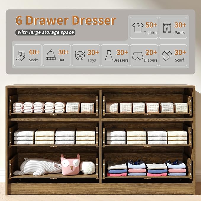 Walnut Dresser and Nightstand Sets, 6 Drawer Dresser Set for Bedroom 3 Piece, 55” Wide Fluted Wood Dressers W/Metal Handle & Night Stand Set of 2, Modern Bedroom Furniture Sets, Walnut