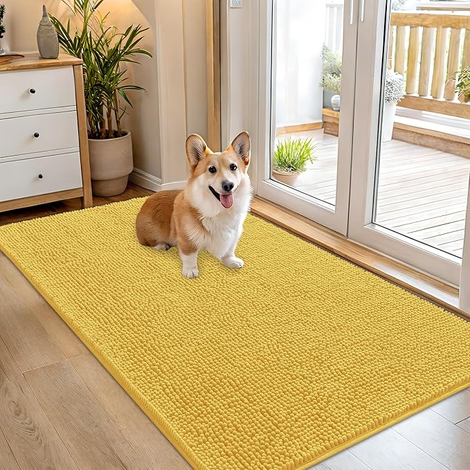 OLANLY Dog Door Mat for Muddy Paws 54x32, Absorbs Moisture and Dirt, Absorbent Non-Slip Washable Doormat, Quick Dry Chenille Mud Mat for Dogs, Entry Indoor Entryway Carpet for Inside Floor, Yellow by OLANLY