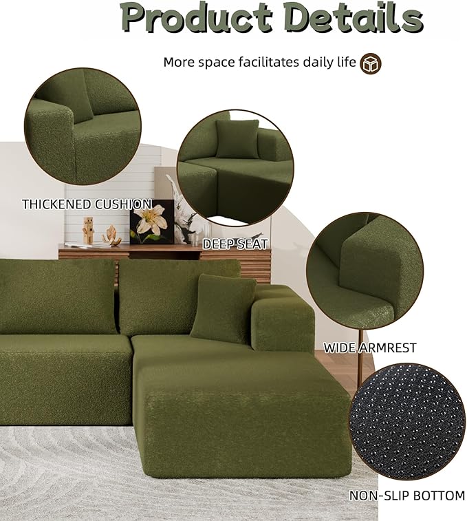 Cloud Sectional Couch, 105” Fluffy Modular L-Shape Sofa with Left Chaise Lounge, Modular Sectional Sofa in a Box, Boneless Couch for Living Room, No Assembly Required, Wool Green