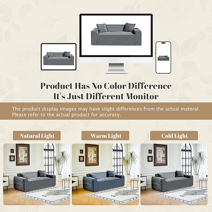 75" Cloud Loveseat Sofa, 26" Deep Seat Boneless Couches for Living Room, Modern 3 Seater Sofa with Throw Pillows, Corduroy Compression Sofa in Box, No Assembly Couch for Bedroom, Dorm, Gray