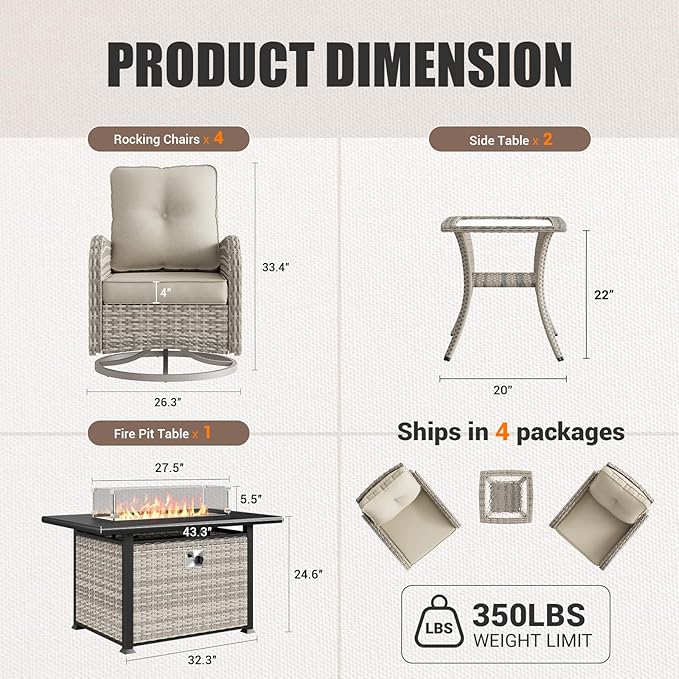 7Pcs Patio Rocking Swivel Chair with 55,000 BTU Fire Pit Table Outdoor Wicker Rattan Bistro Set with Tempered Glass Side Table, Outdoor Patio Furniture Set for Garden and Balcony, White