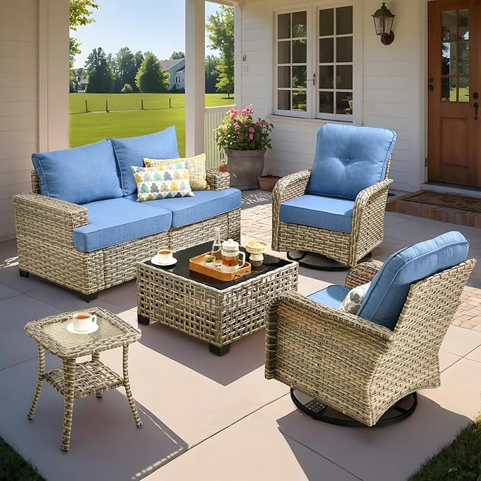 ovios 6 Piece Patio Sectional Furniture with Swivel Rocking Chairs, Rattan Wicker Coversation Set with Glowing Coffee Table, Outdoor Sofa Set for Outside Porch Balcony Backyard Pool, Blue