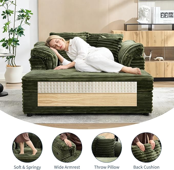 Oversized Chaise Lounge Chair 59 * 54 Inch Indoor Comfy Corduroy Cloud Sleeper Couch Upholstered Sofa Bed with USB Port Throw Pillows Supportive Armrests for Living Room