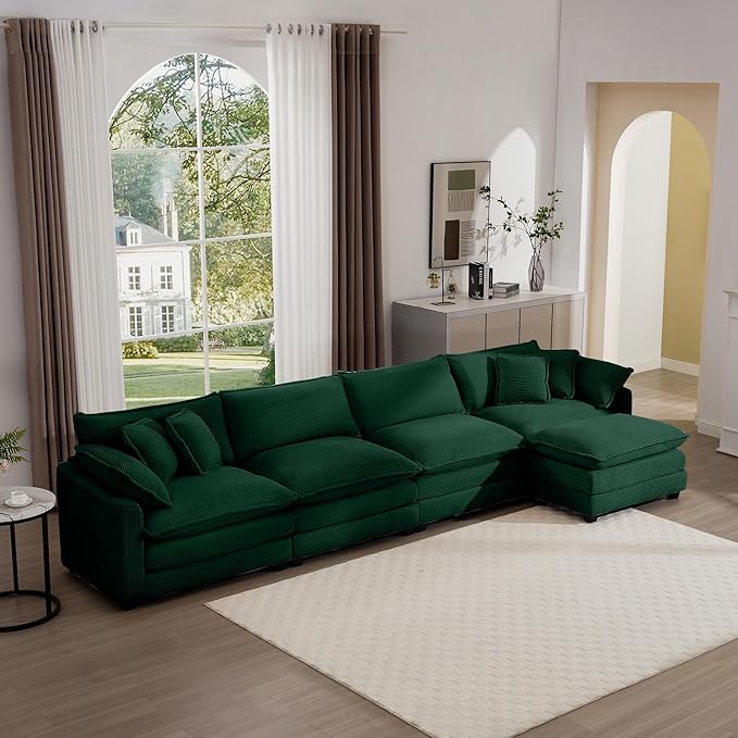 KEIKI 150" L-Shaped Oversized Corduroy Modular Sectional Sofa with 1 Ottoman, High-Density Foam Cushions, Removable Armrests, Upholstered 4-Seater Corner Couch with 6 Pillow, for Living Room, Green