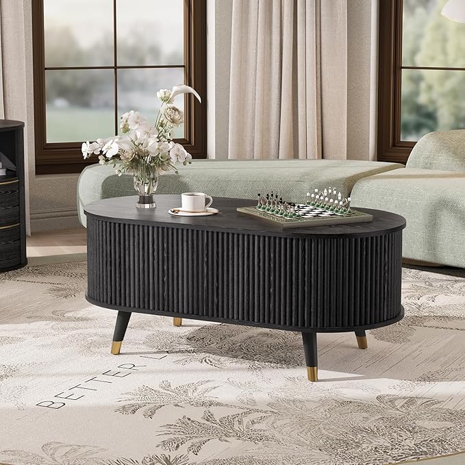 42.5" Oval Lift Top Coffee Table with Storage, Mid Century Modern Black Center Table with Fluted Design, Solid Wood Legs & Hidden Compartment, Pop Up Cocktail Table for Living Room