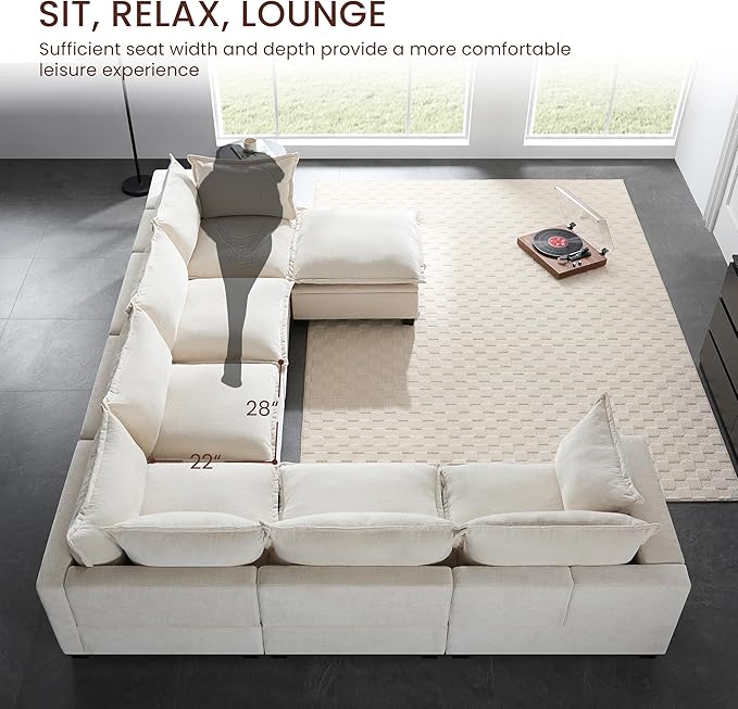Ball & Cast Oversized U Shaped Sectional Couch with Movable Storage Ottoman,7 Seat Chenille Upholstered Sectional Sofa w/9 Pillows,DIY Combination,Wide Seat Couches for Living Room,Office,Beige