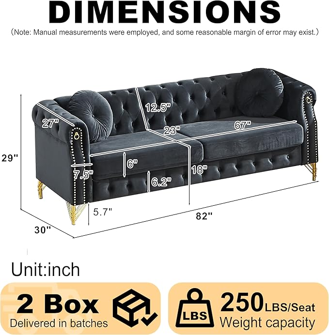 ERYE 82-Inch Button Tufted Sofa Couch with 2 Round Pillows, 3 Seat Velvet Tufted Sofa Spacious Chesterfield Loveseat Couches W/Nailhead Decor,Ring Accent & Golden Legs