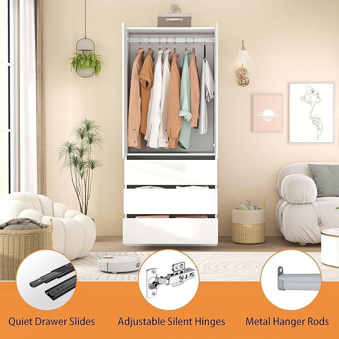 Armoire Wardrobe Closet with Drawers：75" Large White Wardrobe Closet Cabinet with 6 Doors for Hanging Clothes, Modern Wooden Bedroom Armoires with 7 Drawers and Storage (A+B+A, 94.5")