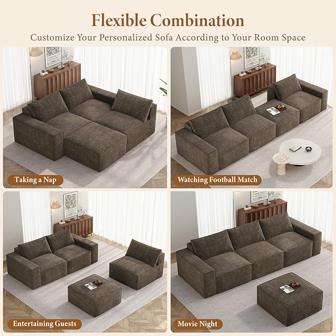 Vesgantti 114" Modular Boneless Couch, Modern 3 Seater Sectional Sofa with Ottoman & Deep Seat, Convertible Chenille L Shaped Cloud Couches for Living Room, No Assembly Required, Dark Brown