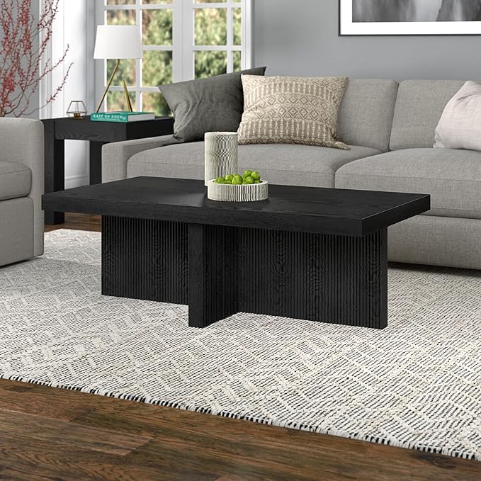Henn&Hart 44" Fluted Rectangular Wood Pedestal Low-Profile Coffee Table with Ribbed Pedestal Base for Living Room, Family Room or Office, Natural Black