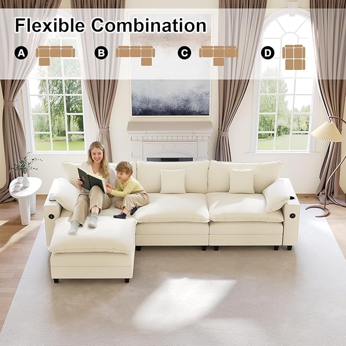 116" Modular Sectional Sofa, L Shaped Cloud Couch with Movable Ottoman, Chenille Deep Seat Cloud Sofa with Charging Station, Cup Holder, Side Pocket, Sectional Couches for Living Room, Beige