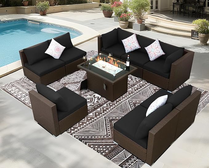 BULEXYARD 9 Piece High Back Outdoor Sectional Couch Set with Fire Pit, Elegant All-Weather Patio Furniture Set, Extra Large Size 8-Person Backyard Seating Group L-Shaped for Yard, Deck, Brown & Black