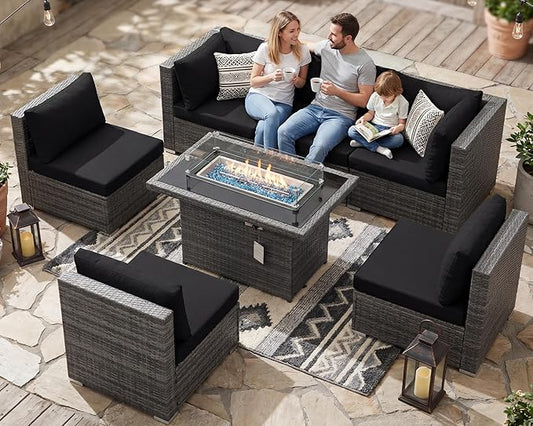 NICESOUL 7 Piece Outdoor Furniture Set with Fire Pit Table Natural Gas & Propane Convertible, 29.3'' High Back Extra Large Rattan Patio Modular Sectional Conversations, 2 Color Cushion Black & Gray