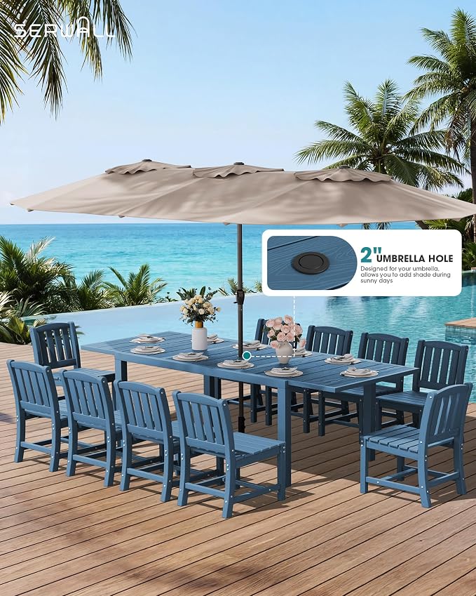 SERWALL 7-Piece Outdoor Dining Set, 60" - 83" Expandable Outdoor Dining Table and 6 HDPE Chairs, All Weather HDPE Outdoor Furniture Set for Backyard, Garden, Blue - Image 2