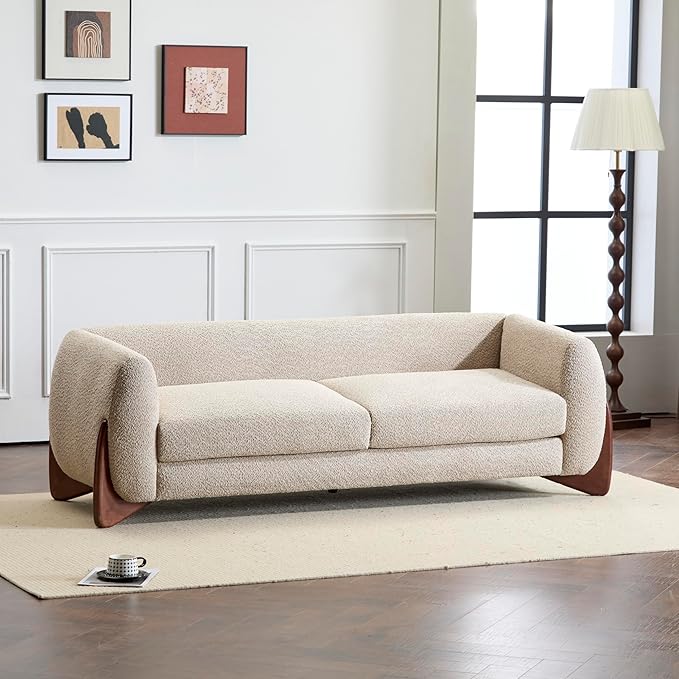 Merax 82 Inch Boucle Sherpa Sofa, Chenille Loveseat with Removable Cushions & Wood Legs, Modern Plush 3-Seater Couch for Living Room, Almond