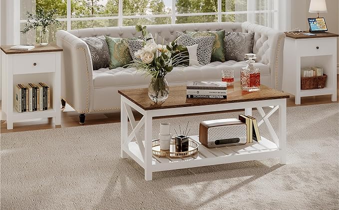 ChooChoo Farmhouse Nightstand Set of 2,Night Stand with Charging Station, Wooden Top Bedside End Table with Drawer and Storage Space for Bedroom, White - Image 6