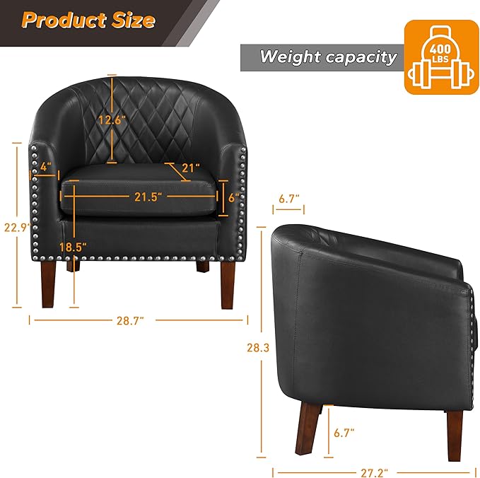 Prilinex Comfy Barrel Accent Chair Set of 8 - Faux Leather Living Room Chair Club Chair with Cushion, Diamond Grid Backrest & Nailhead Trim, Guest Chair for Office, Bedroom & Waiting Room, Black