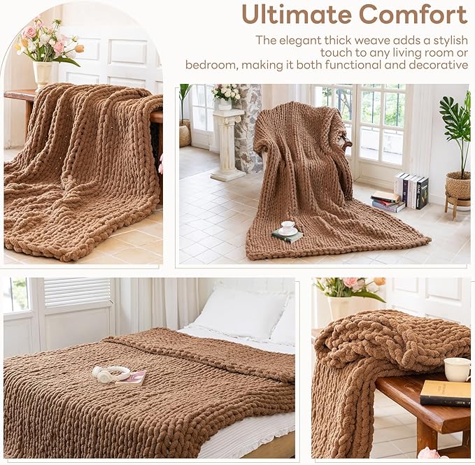 Chunky Knit Blanket - Luxury Soft Cozy 60 * 80 Throw Blanket,100% Woven Blanket Rope Knot Throw Blanket for Couch, Sofa, Home Decor, Gift - Machine Washable (Brown, 60 * 80)