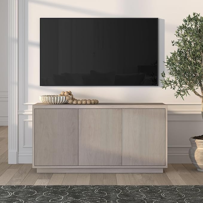 Henn&Hart Fluted TV Stand for TVs up to 55" with 3 Swing Out Ribbed Doors and Adjustable Shelves for Living Room, Family Room, or Office, Beech White - Image 3