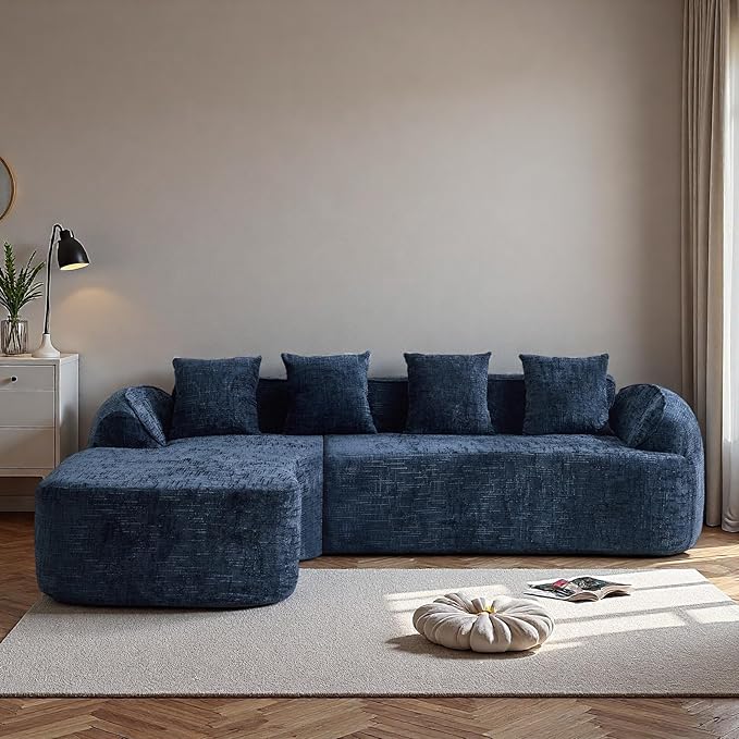 L Shaped Compression Sofa, Modular Couch with Curved Armrests & 4 Coordinating Pillows, Modern 101'' Chenille 4 Seater Sofa with Wide Seat for Living Room, Bedroom, No Assembly, Dark Blue
