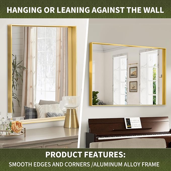 Suidia Bathroom Mirror, 60" x 30" Wall Mirror Metal Framed, Bathroom Vanity Mirror for Living Room Bedroom Bathroom Entryway, Gold, Rect Corner Style - Image 3