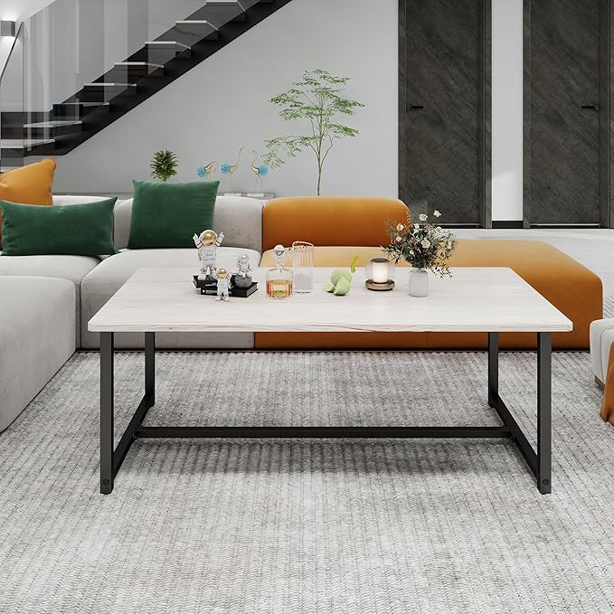35.4" Rectangular Coffee Table for Living Room, Modern Industrial Style Coffee Table Center Table with Metal Frame for Small Space, Apartment, Office, Easy Assembly, Teak Oak